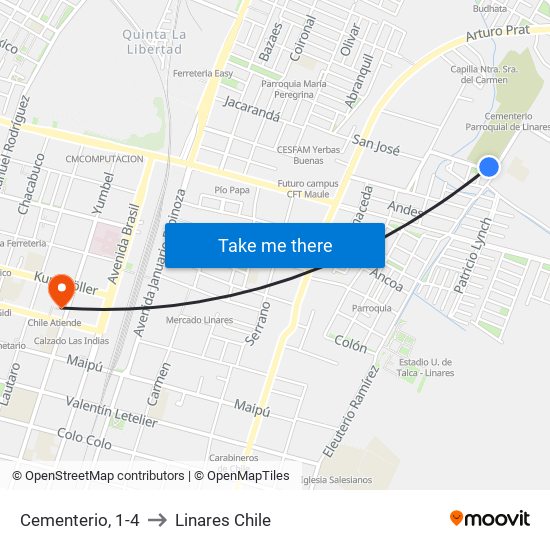 Cementerio, 1-4 to Linares Chile map