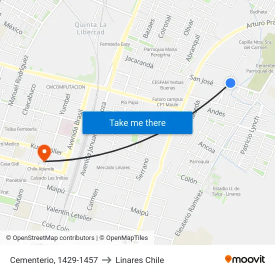 Cementerio, 1429-1457 to Linares Chile map