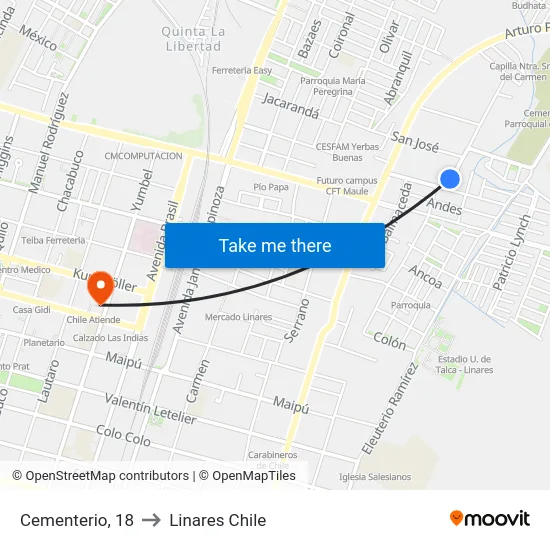 Cementerio, 18 to Linares Chile map