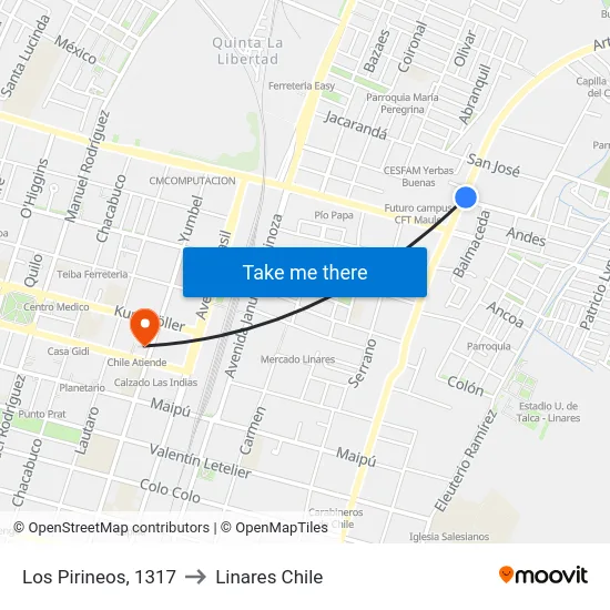 Los Pirineos, 1317 to Linares Chile map