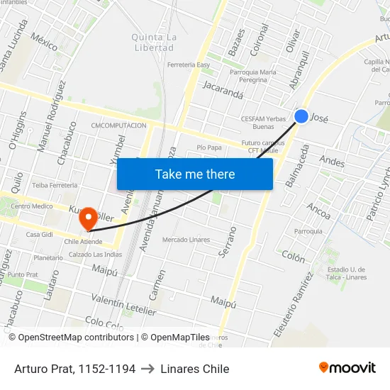 Arturo Prat, 1152-1194 to Linares Chile map