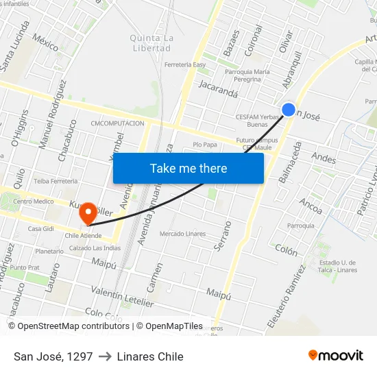 San José, 1297 to Linares Chile map