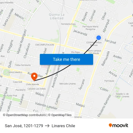 San José, 1201-1279 to Linares Chile map