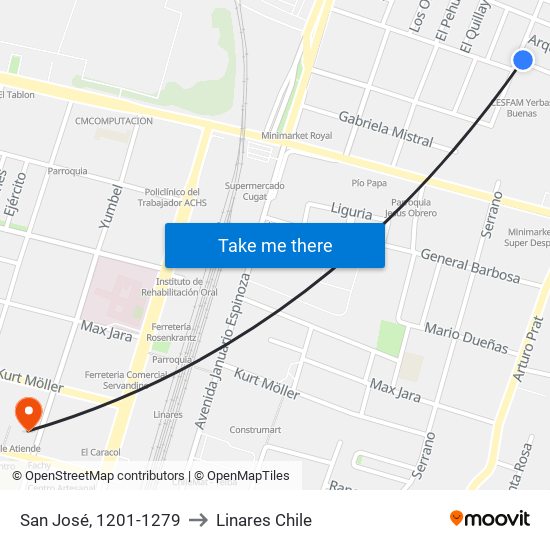San José, 1201-1279 to Linares Chile map