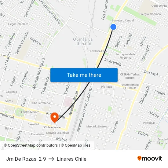 Jm De Rozas, 2-9 to Linares Chile map