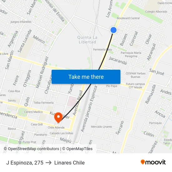 J Espinoza, 275 to Linares Chile map