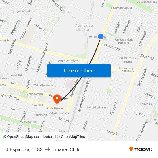 J Espinoza, 1183 to Linares Chile map