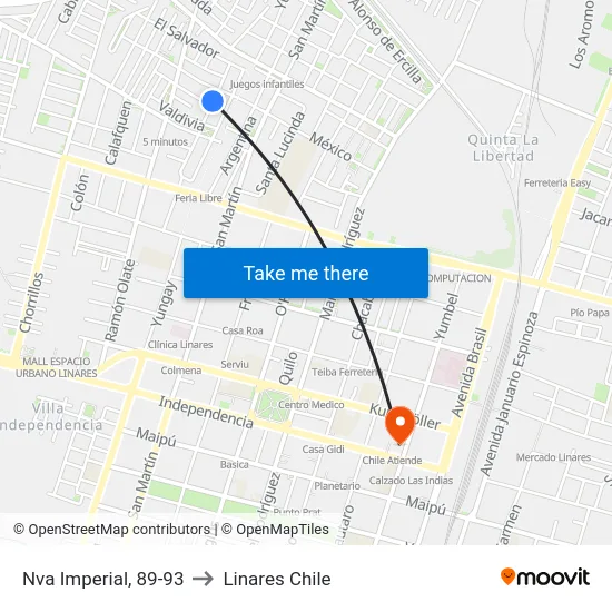 Nva Imperial, 89-93 to Linares Chile map