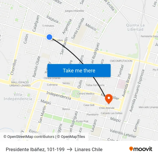 Presidente Ibáñez, 101-199 to Linares Chile map