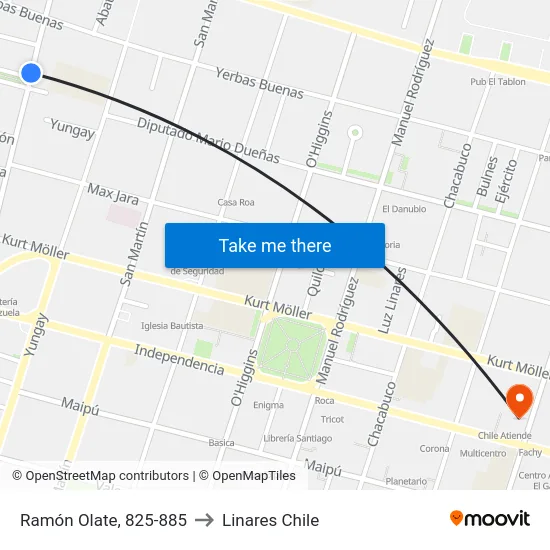 Ramón Olate, 825-885 to Linares Chile map