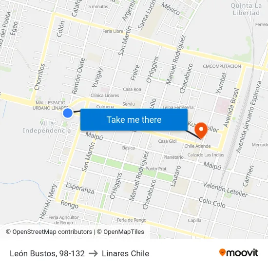 León Bustos, 98-132 to Linares Chile map