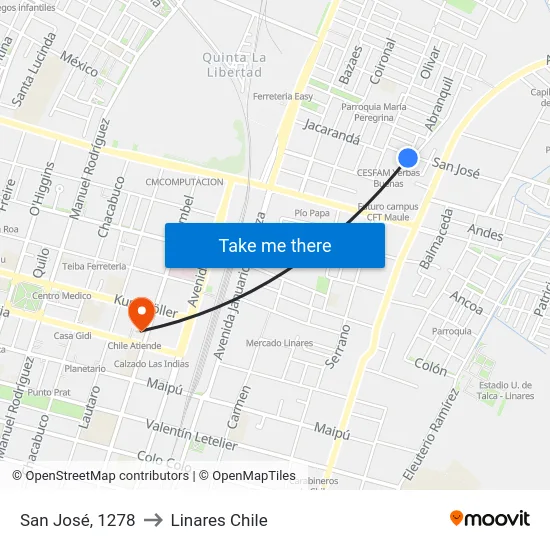 San José, 1278 to Linares Chile map