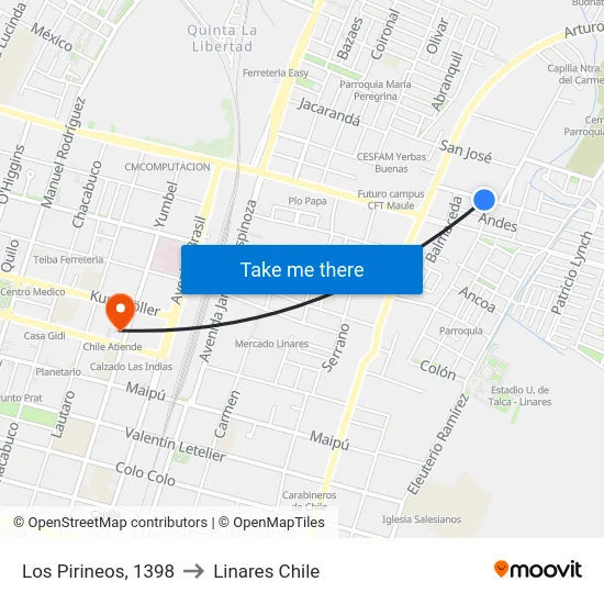 Los Pirineos, 1398 to Linares Chile map