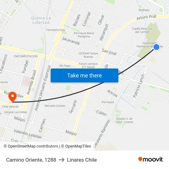 Camino Oriente, 1288 to Linares Chile map