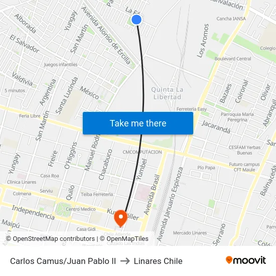 Carlos Camus/Juan Pablo II to Linares Chile map