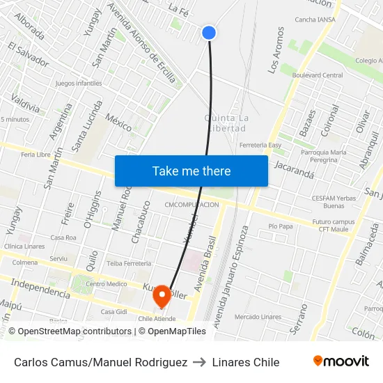 Carlos Camus/Manuel Rodriguez to Linares Chile map