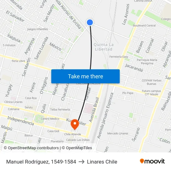 Manuel Rodríguez, 1549-1584 to Linares Chile map