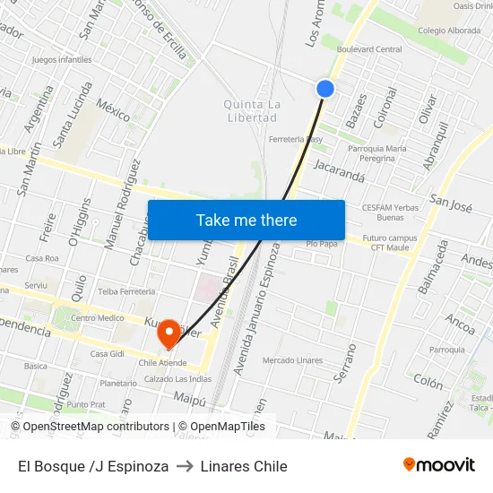 El Bosque /J Espinoza to Linares Chile map