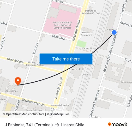 J Espinoza, 741 (Terminal) to Linares Chile map