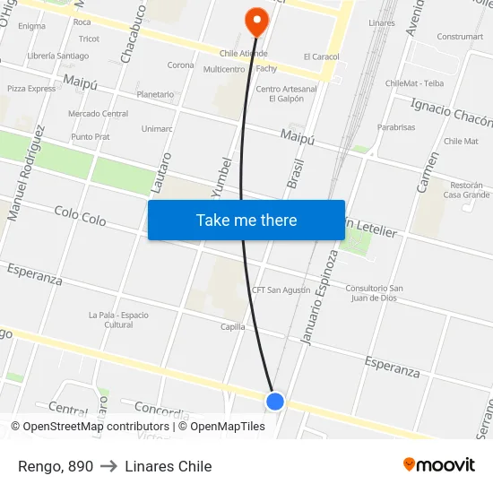 Rengo, 890 to Linares Chile map