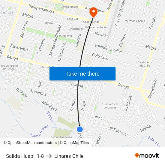 Salida Huapi, 1-8 to Linares Chile map