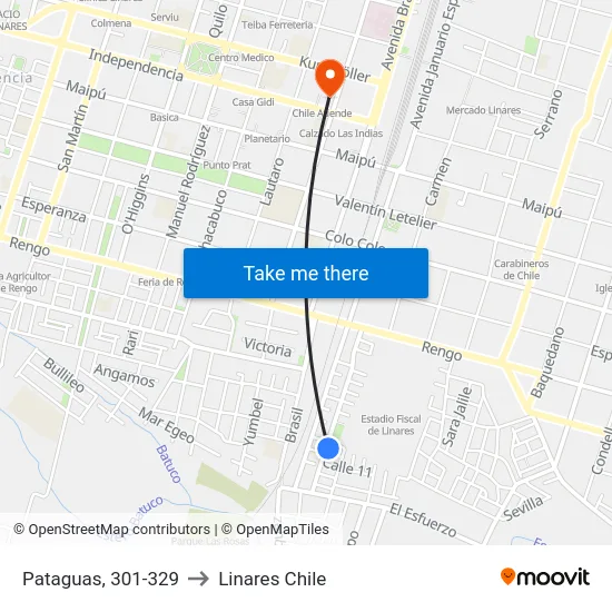 Pataguas, 301-329 to Linares Chile map