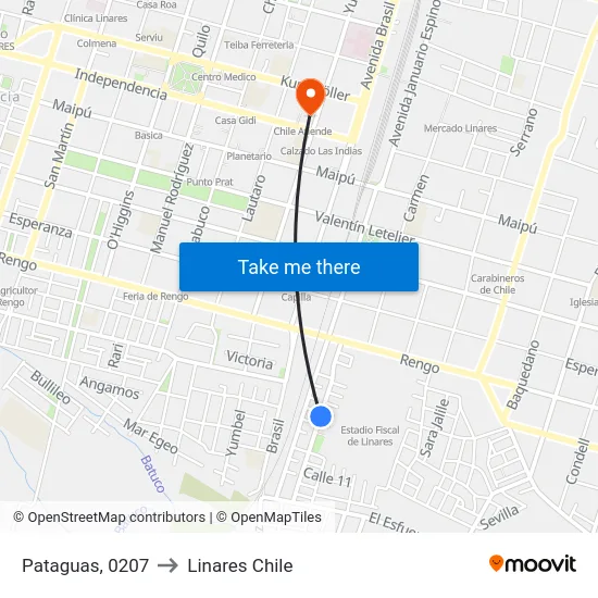 Pataguas, 0207 to Linares Chile map