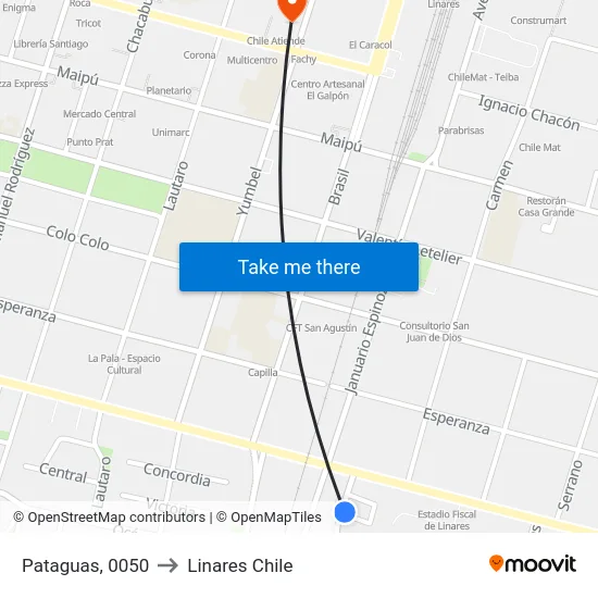 Pataguas, 0050 to Linares Chile map