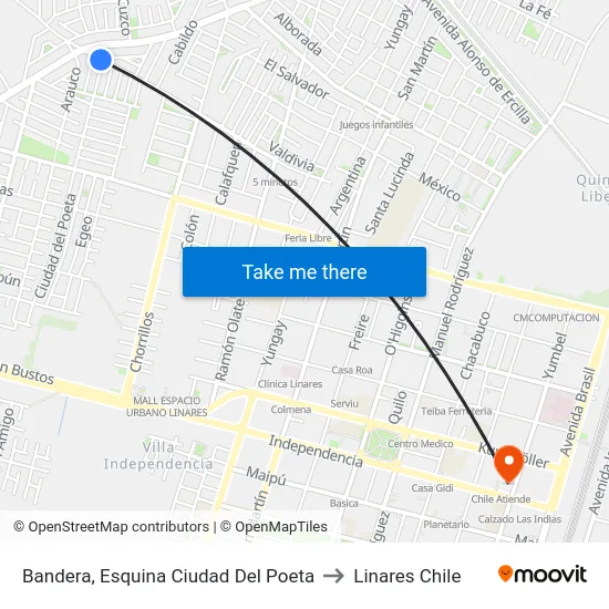 Bandera, Esquina Ciudad Del Poeta to Linares Chile map