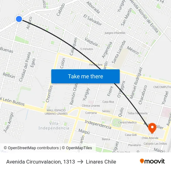 Avenida Circunvalacion, 1313 to Linares Chile map