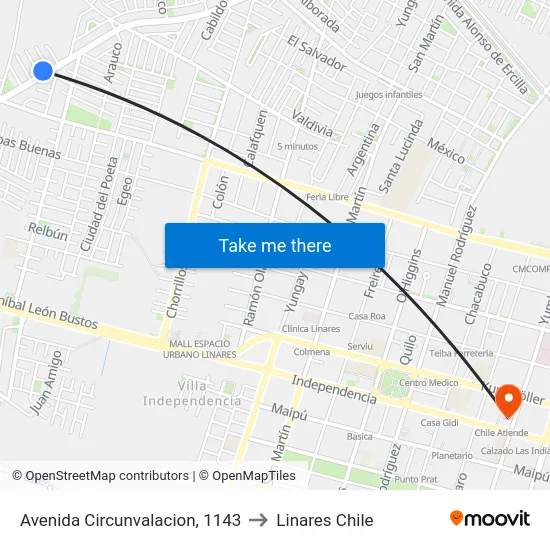 Avenida Circunvalacion, 1143 to Linares Chile map