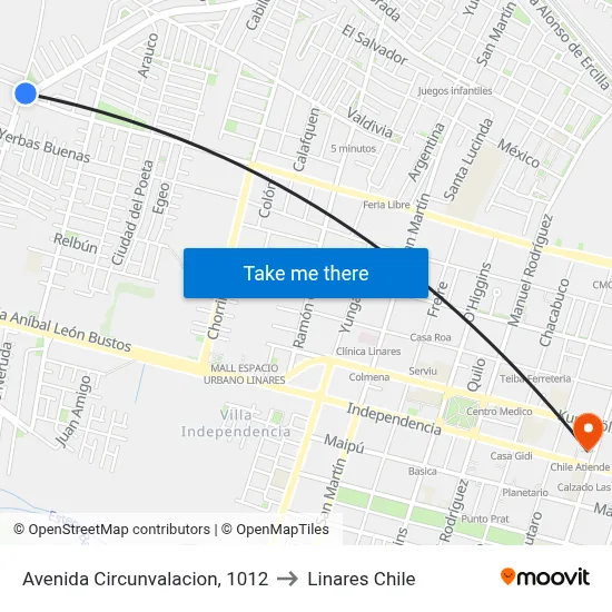 Avenida Circunvalacion, 1012 to Linares Chile map