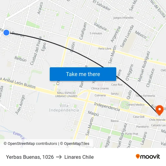 Yerbas Buenas, 1026 to Linares Chile map