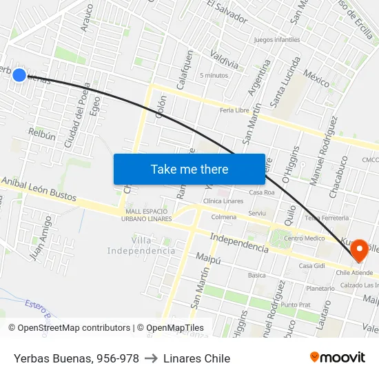 Yerbas Buenas, 956-978 to Linares Chile map