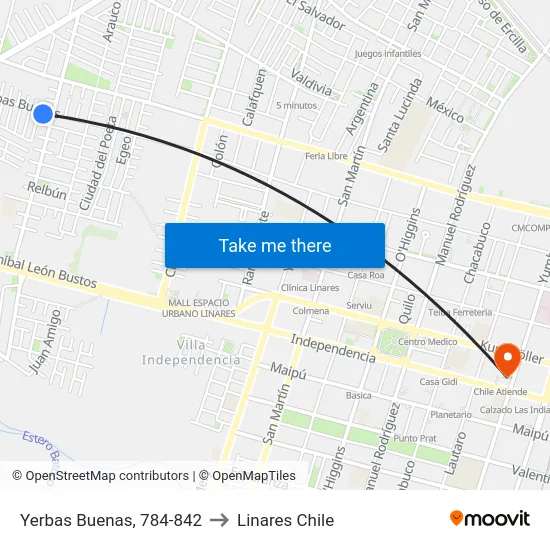 Yerbas Buenas, 784-842 to Linares Chile map