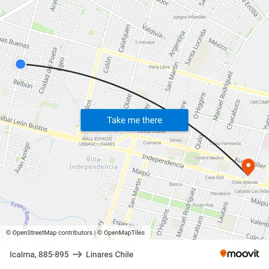 Icalma, 885-895 to Linares Chile map