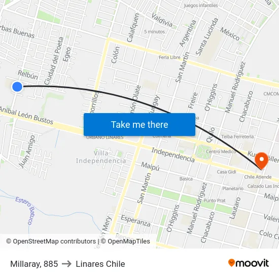 Millaray, 885 to Linares Chile map