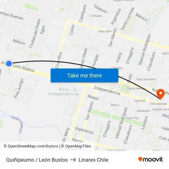 Quiñipeumo / León Bustos to Linares Chile map