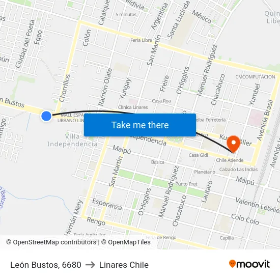León Bustos, 6680 to Linares Chile map