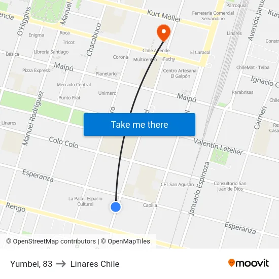 Yumbel, 83 to Linares Chile map