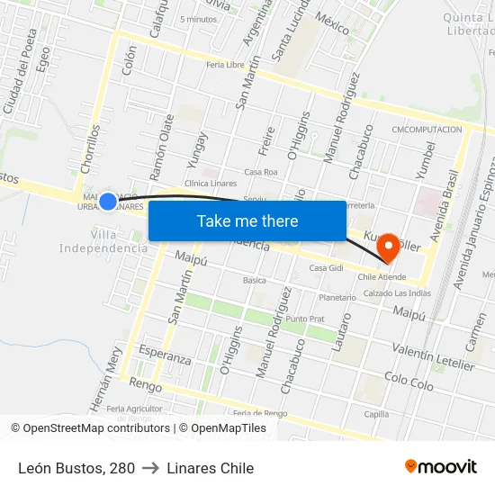 León Bustos, 280 to Linares Chile map