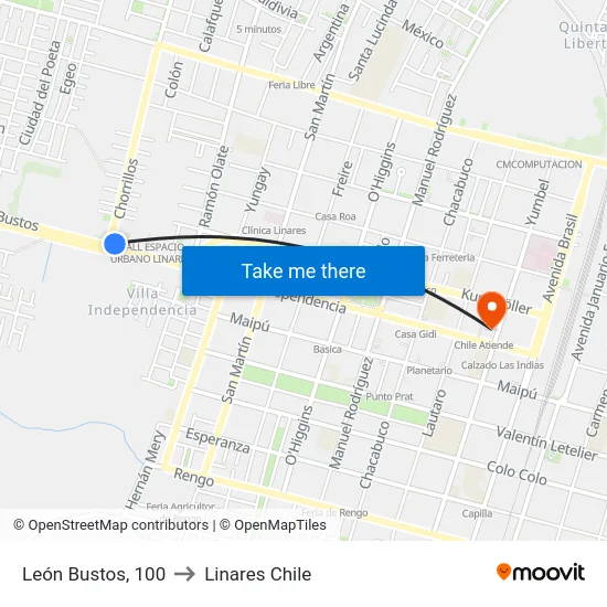 León Bustos, 100 to Linares Chile map