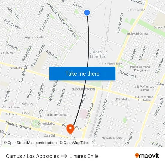 Camus / Los Apostoles to Linares Chile map