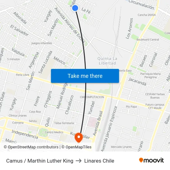 Camus / Marthin Luther King to Linares Chile map