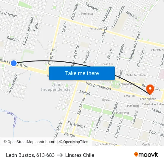 León Bustos, 613-683 to Linares Chile map