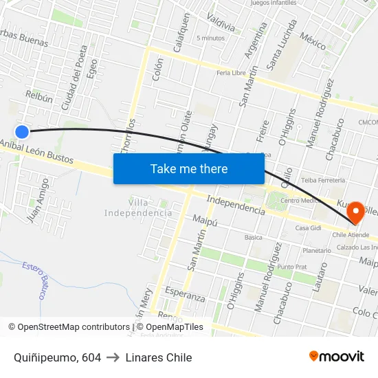 Quiñipeumo, 604 to Linares Chile map