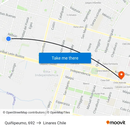 Quiñipeumo, 692 to Linares Chile map