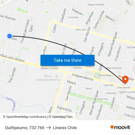 Quiñipeumo, 732-766 to Linares Chile map
