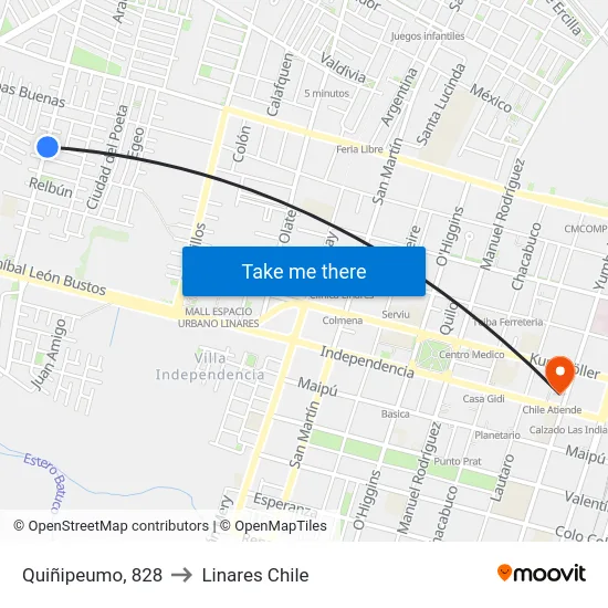 Quiñipeumo, 828 to Linares Chile map