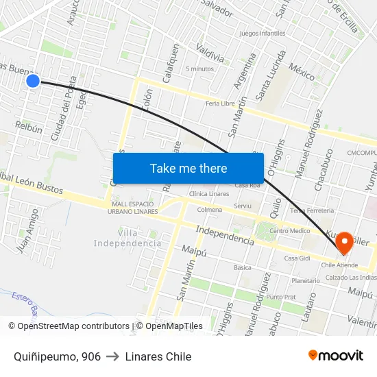 Quiñipeumo, 906 to Linares Chile map